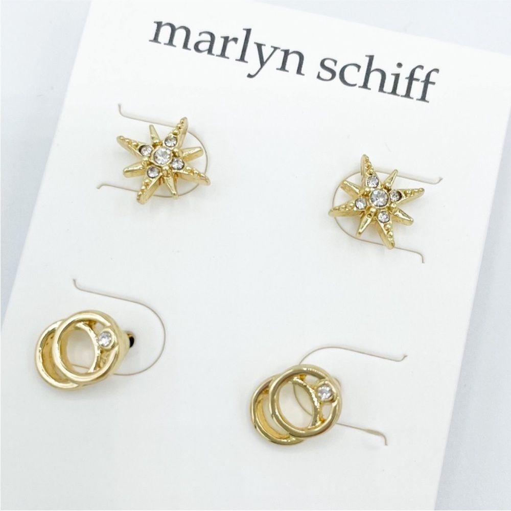 NWT Marlyn Schiff Set of 2 Gold-Tone Stud Earrings (Starburst, Double Rings)